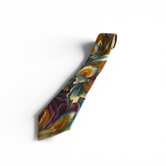 Vintage Bugatti Men’s 100% Italian Silk Tie Floral Iris Abstract Teal Purple Y2K - Picture 5 of 6